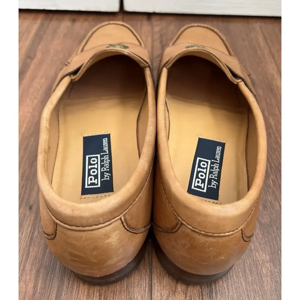 POLO RALPH LAUREN Men’s Vintage Camel Leather Embroidered Crest Loafers Sz 9.5D